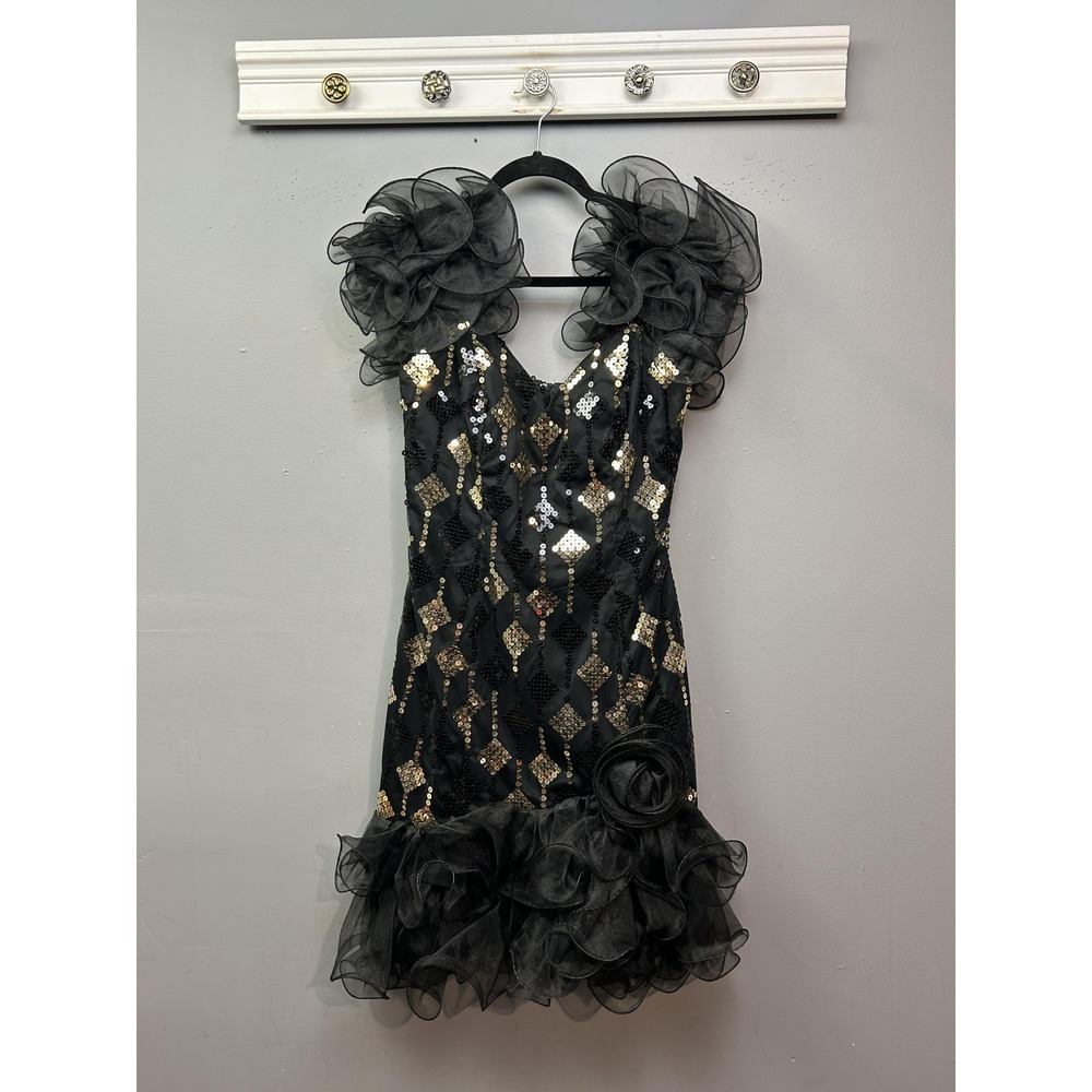 Dave & Johnny Dress Womens Small Black Sequin Ruffle Party Cocktail V Neck Mini